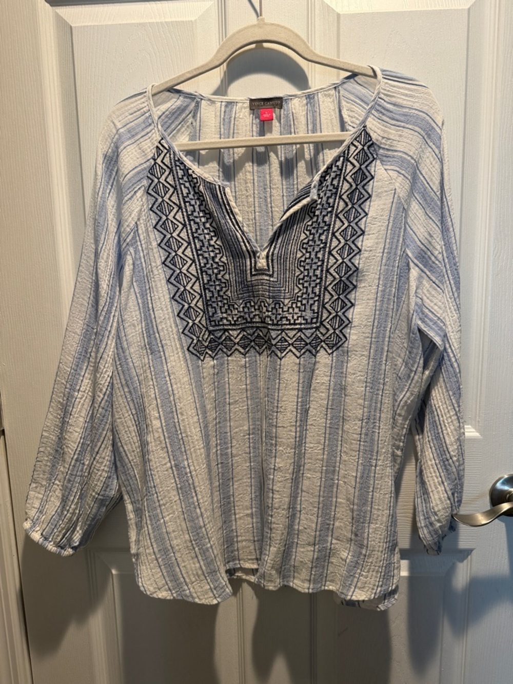 Vince Camuto Blue & White Striped Embroidered Tunic